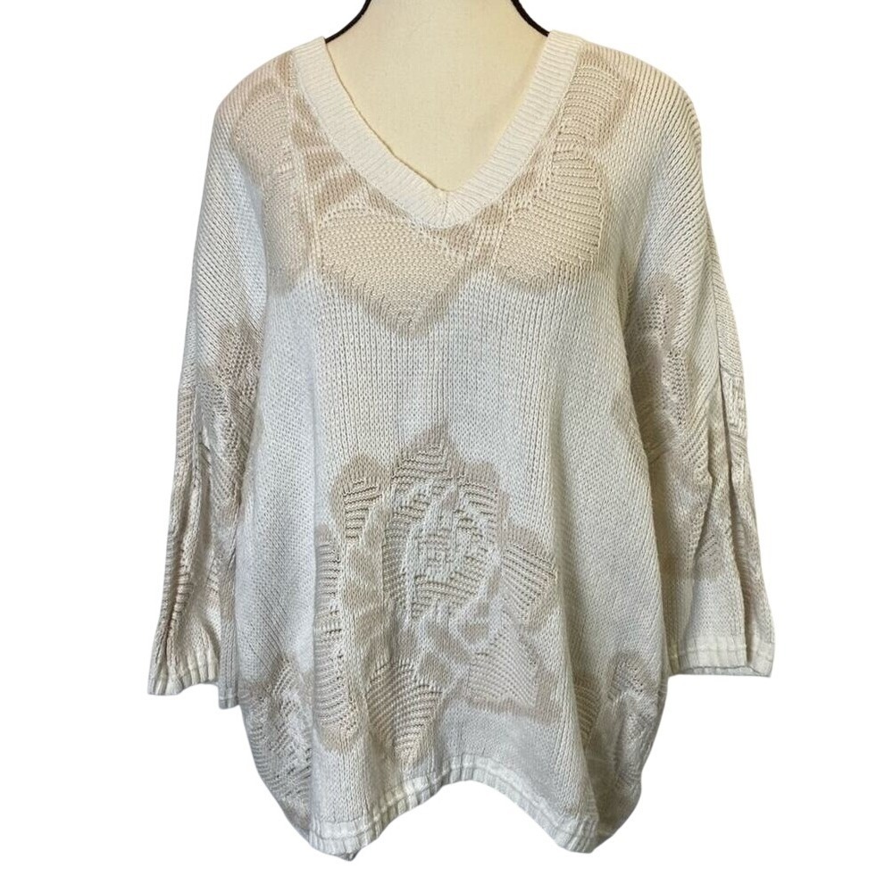 CAbi Lotus Pullover Oversized Knit Sweater 3/4 Length Sleeves Floral Size Small